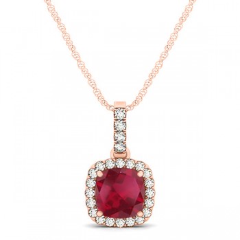 Ruby & Diamond Halo Cushion Pendant Necklace 14k Rose Gold (0.85ct)