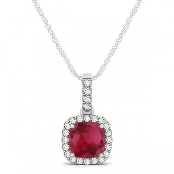 Ruby & Diamond Halo Cushion Pendant Necklace 14k White Gold (0.85ct)