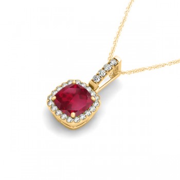 Ruby & Diamond Halo Cushion Pendant Necklace 14k Yellow Gold (0.85ct)