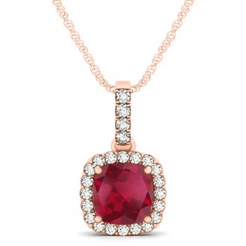 Ruby & Diamond Halo Cushion Pendant Necklace 14k Rose Gold (1.94ct)