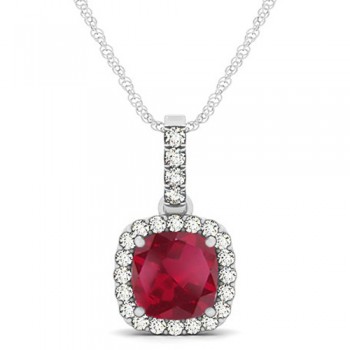 Ruby & Diamond Halo Cushion Pendant Necklace 14k White Gold (1.94ct)