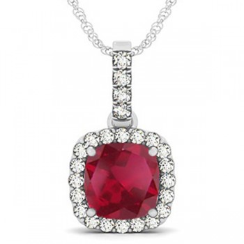 Ruby & Diamond Halo Cushion Pendant Necklace 14k White Gold (4.05ct)