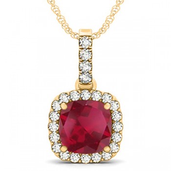 Ruby & Diamond Halo Cushion Pendant Necklace 14k Yellow Gold (4.05ct)