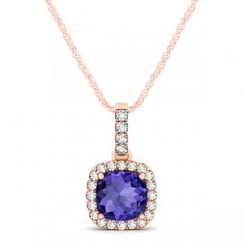 Tanzanite & Diamond Halo Cushion Pendant Necklace 14k Rose Gold (0.74ct)