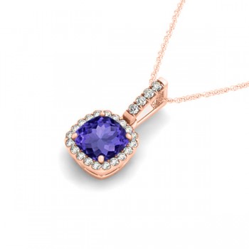 Tanzanite & Diamond Halo Cushion Pendant Necklace 14k Rose Gold (0.74ct)