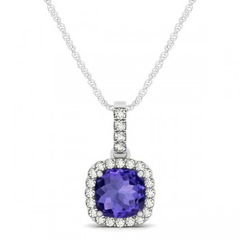 Tanzanite & Diamond Halo Cushion Pendant Necklace 14k White Gold (0.74ct)