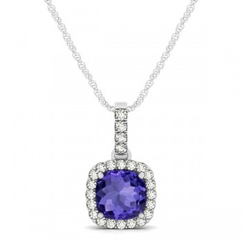 Tanzanite & Diamond Halo Cushion Pendant Necklace 14k White Gold (0.74ct)