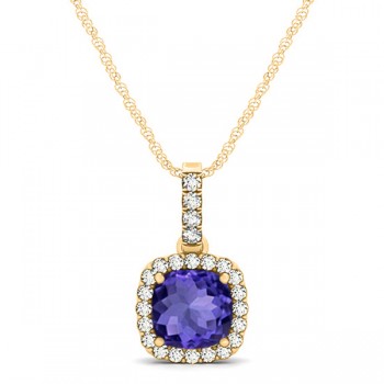 Tanzanite & Diamond Halo Cushion Pendant Necklace 14k Yellow Gold (0.74ct)