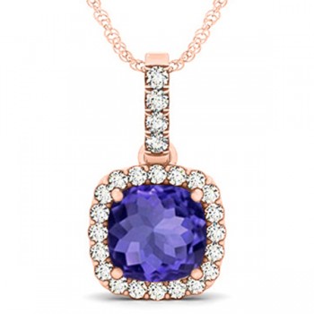 Tanzanite & Diamond Halo Cushion Pendant Necklace 14k Rose Gold (4.05ct)