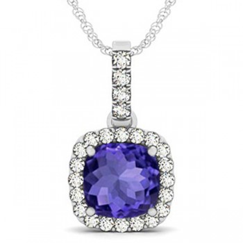 Tanzanite & Diamond Halo Cushion Pendant Necklace 14k White Gold (4.05ct)
