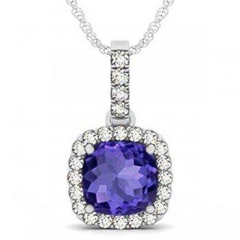 Tanzanite & Diamond Halo Cushion Pendant Necklace 14k White Gold (4.05ct)