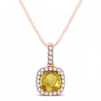 Yellow Sapphire & Diamond Halo Cushion Pendant Necklace 14k Rose Gold (0.85ct)