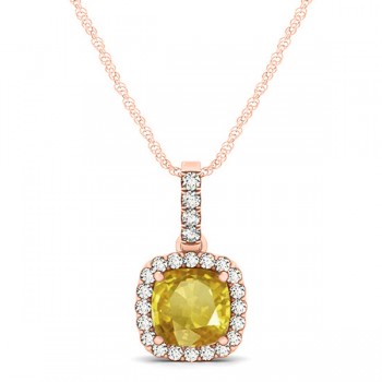 Yellow Sapphire & Diamond Halo Cushion Pendant Necklace 14k Rose Gold (0.85ct)