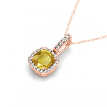 Yellow Sapphire & Diamond Halo Cushion Pendant Necklace 14k Rose Gold (0.85ct)