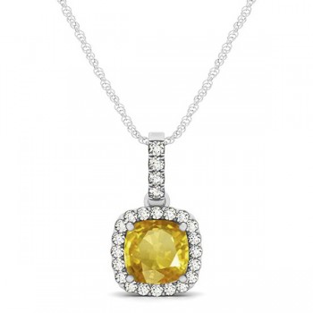 Yellow Sapphire & Diamond Halo Cushion Pendant Necklace 14k White Gold (0.85ct)