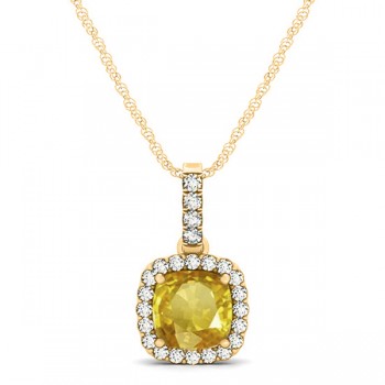 Yellow Sapphire & Diamond Halo Cushion Pendant Necklace 14k Yellow Gold (0.85ct)
