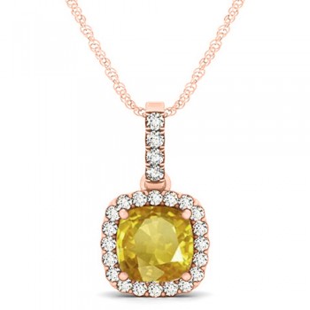 Yellow Sapphire & Diamond Halo Cushion Pendant Necklace 14k Rose Gold (1.94ct)