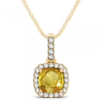 Yellow Sapphire & Diamond Halo Cushion Pendant Necklace 14k Yellow Gold (1.94ct)