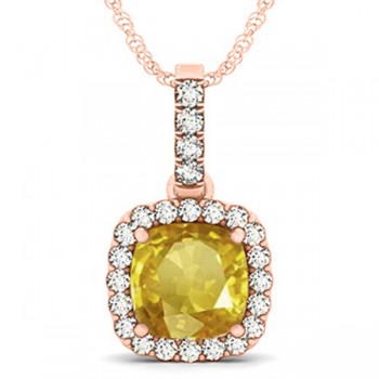 Yellow Sapphire & Diamond Halo Cushion Pendant Necklace 14k Rose Gold (4.05ct)