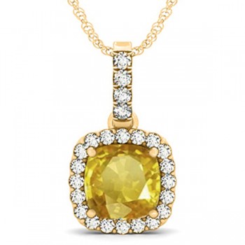 Yellow Sapphire & Diamond Halo Cushion Pendant Necklace 14k Yellow Gold (4.05ct)