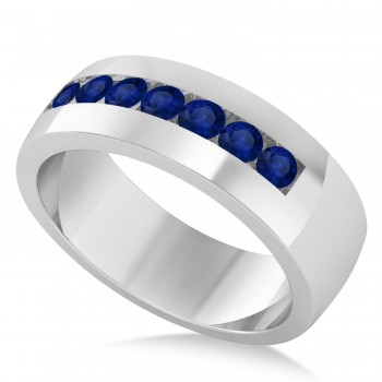 Men's Blue Sapphire Channel Set Wedding Band 14k White Gold (0.49ct)