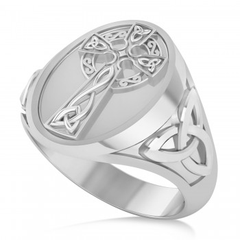 Men's Celtic Signet Irish Cross Ring 14K White Gold