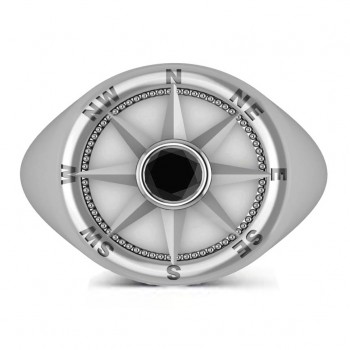 Men's Black Diamond Nautical Compass Ring 14k White Gold (0.25ct)