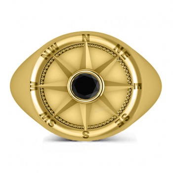 Men's Black Diamond Nautical Compass Ring 14k Yellow Gold (0.25ct)