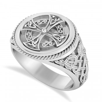 Men's Celtic Cross Signet Ring 14k White Gold