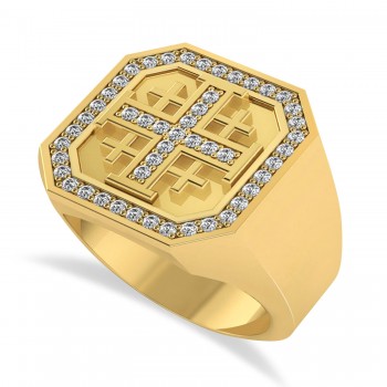 Men's Diamond Accent Jerusalem Cross Signet Ring 14k Yellow Gold (0.49 ctw)