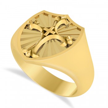 Men's Antique Style Cross Signet Ring 14k Yellow Gold