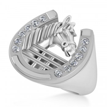 Men's Diamond Stallion & Horseshoe Fashion Ring 14k White Gold (0.36 ctw)
