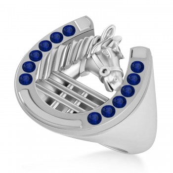 Men's Blue Sapphire Stallion & Horseshoe Fashion Ring 14k White Gold (0.36 ctw)