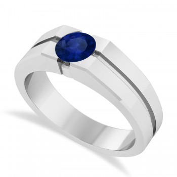 Men's Blue Sapphire Solitaire Fashion Ring 14k White Gold (1.00 ctw)
