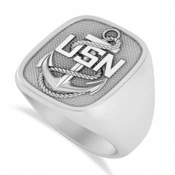 United States Navy Anchor Men's Signet Fashion Ring 14k White Gold