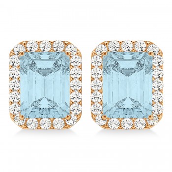 Emerald Cut Aquamarine & Diamond Halo Earrings 14k Rose Gold (1.80ct)