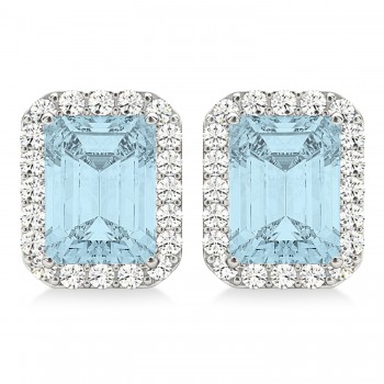 Emerald Cut Aquamarine & Diamond Halo Earrings 14k White Gold (1.80ct)