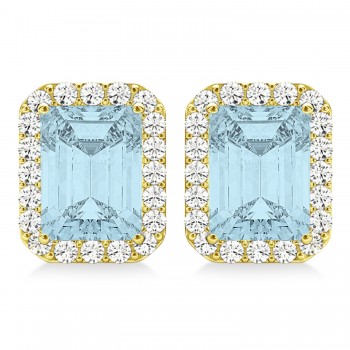 Emerald Cut Aquamarine & Diamond Halo Earrings 14k Yellow Gold (1.80ct)