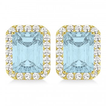 Emerald Cut Aquamarine & Diamond Halo Earrings 14k Yellow Gold (1.80ct)