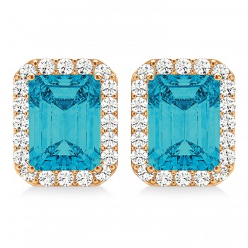Emerald Cut Blue & White Diamond Halo Earrings 14k Rose Gold (2.42ct)