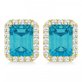 Emerald Cut Blue & White Diamond Halo Earrings 14k Yellow Gold (2.42ct)