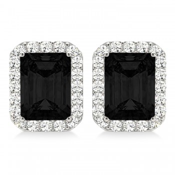 Emerald Cut Black & White Diamond Halo Earrings 14k White Gold (2.42ct)