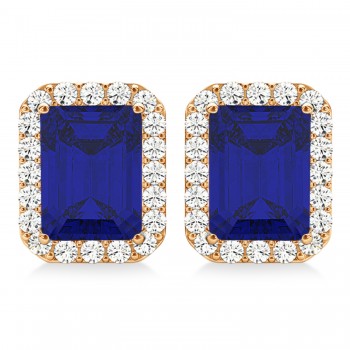 Emerald Cut Blue Sapphire & Diamond Halo Earrings 14k Rose Gold (2.60ct)