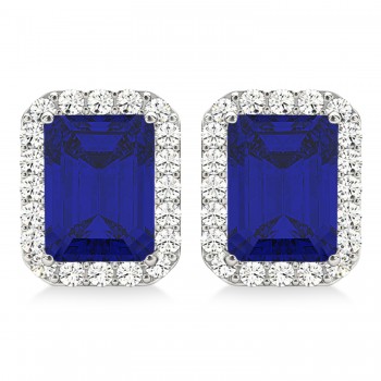 Emerald Cut Blue Sapphire & Diamond Halo Earrings 14k White Gold (2.60ct)