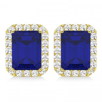 Emerald Cut Blue Sapphire & Diamond Halo Earrings 14k Yellow Gold (2.60ct)