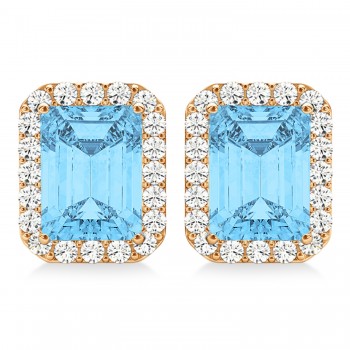 Emerald Cut Blue Topaz & Diamond Halo Earrings 14k Rose Gold (2.80ct)