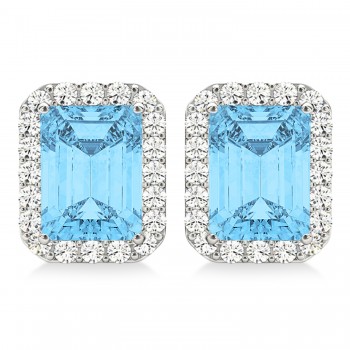 Emerald Cut Blue Topaz & Diamond Halo Earrings 14k White Gold (2.80ct)