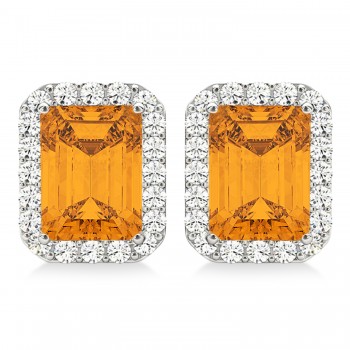 Emerald Cut Citrine & Diamond Halo Earrings 14k White Gold (2.30ct)