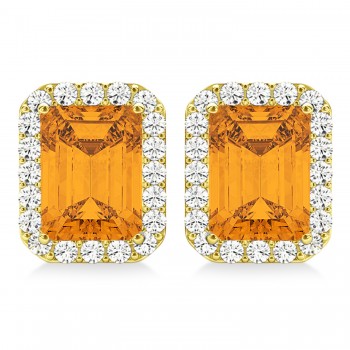 Emerald Cut Citrine & Diamond Halo Earrings 14k Yellow Gold (2.30ct)