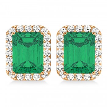 Emerald Cut Emerald & Diamond Halo Earrings 14k Rose Gold (2.10ct)